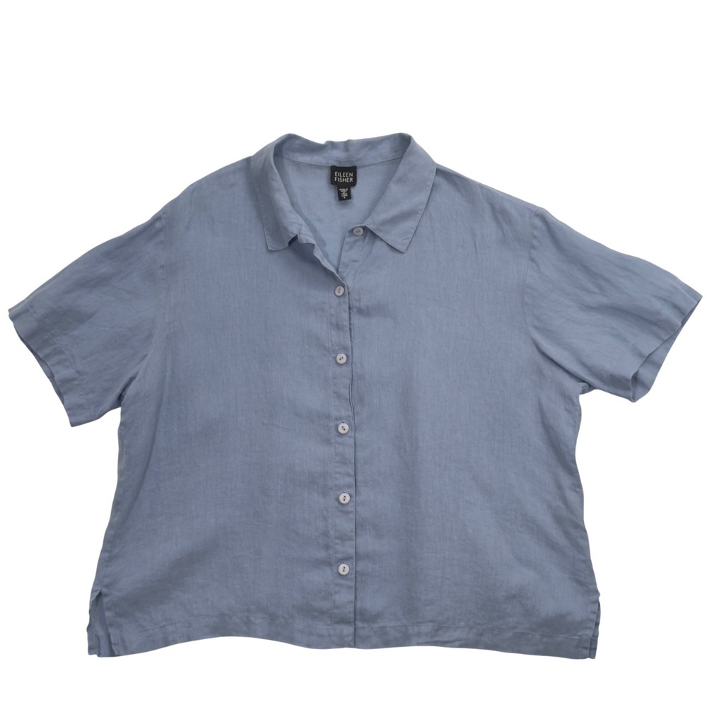 Eileen Fisher Womens Irish Linen Button Down Shirt LRG Blue Casual Boxy Coastal